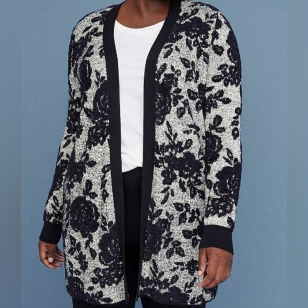 Lane Bryant Womens 18/20 Longline Floral Open Cardigan Black Gray Soft Cozy Plus